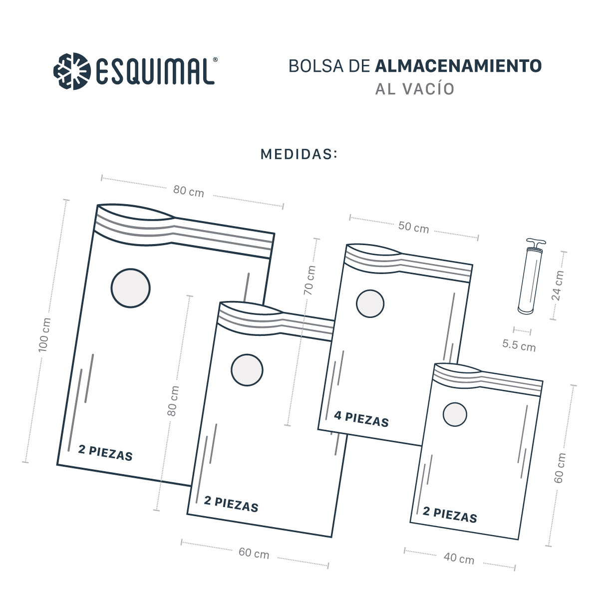 Bolsas de Almacenamiento al Vacío Set de 10 (Mixto) con Bomba de Aire - Reutilizables - Bolsas de Compresión para Empacar Ropa, Guardar Edredones, Cobertores ESQUIMAL.