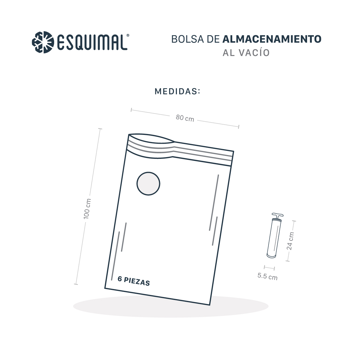 Bolsas de Almacenamiento al Vacío Set de 6 (100x80) con Bomba de Aire - Reutilizables - Bolsas de Compresión para Empacar Ropa, Guardar Edredones, Cobertores ESQUIMAL.