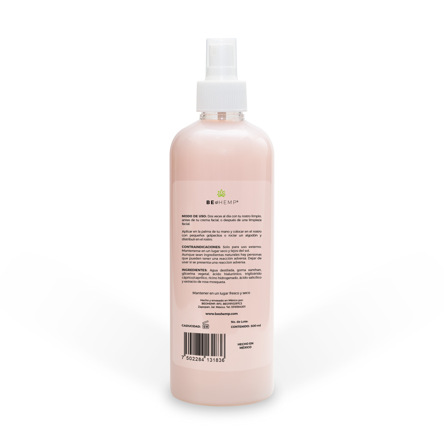 Loción facial hidratante rosa mosqueta y ácido hialurónico 500 ml