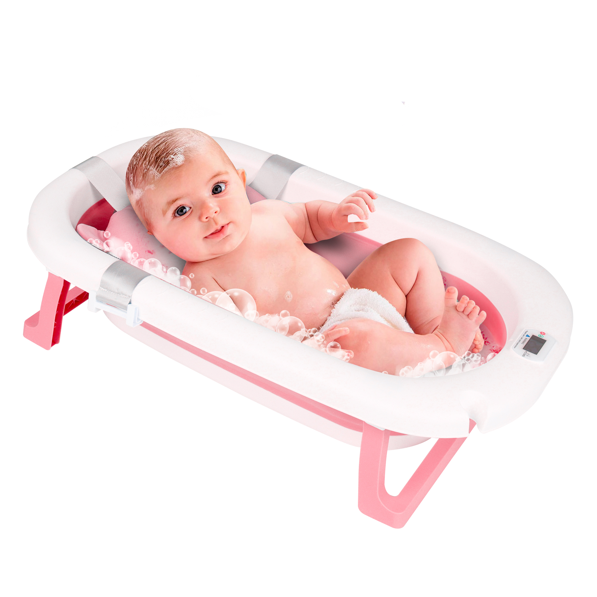 Tina Bañera De Baño Plegable Portátil Para Bebés Termómetro ROSA.