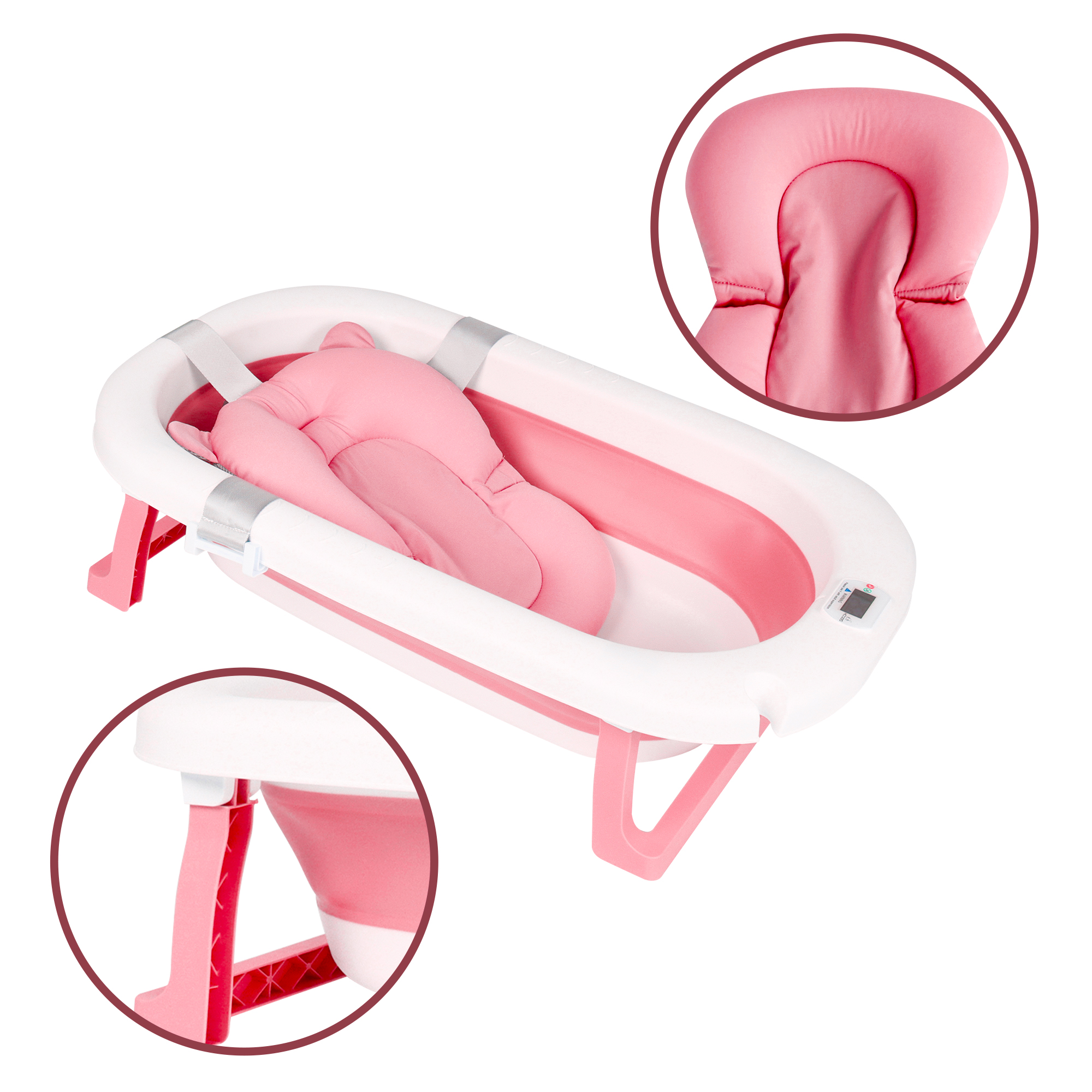 Tina Bañera De Baño Plegable Portátil Para Bebés Termómetro ROSA.