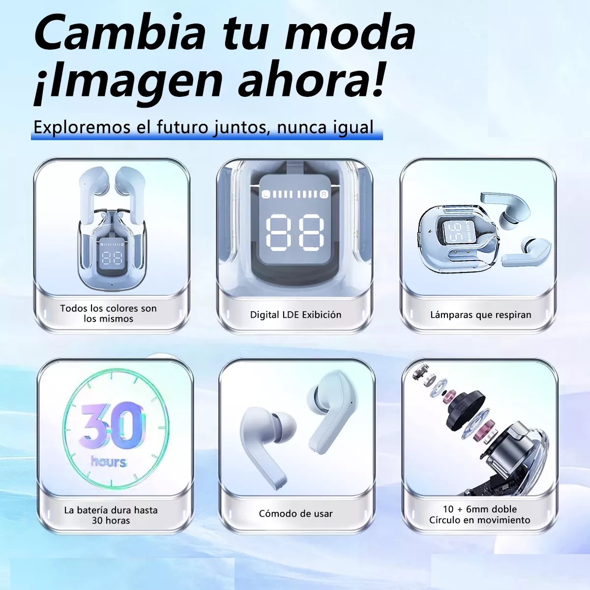 Audífonos auriculares inalámbricos azul Bluetooth micrófono LED pantalla pantalla sonido estéreo