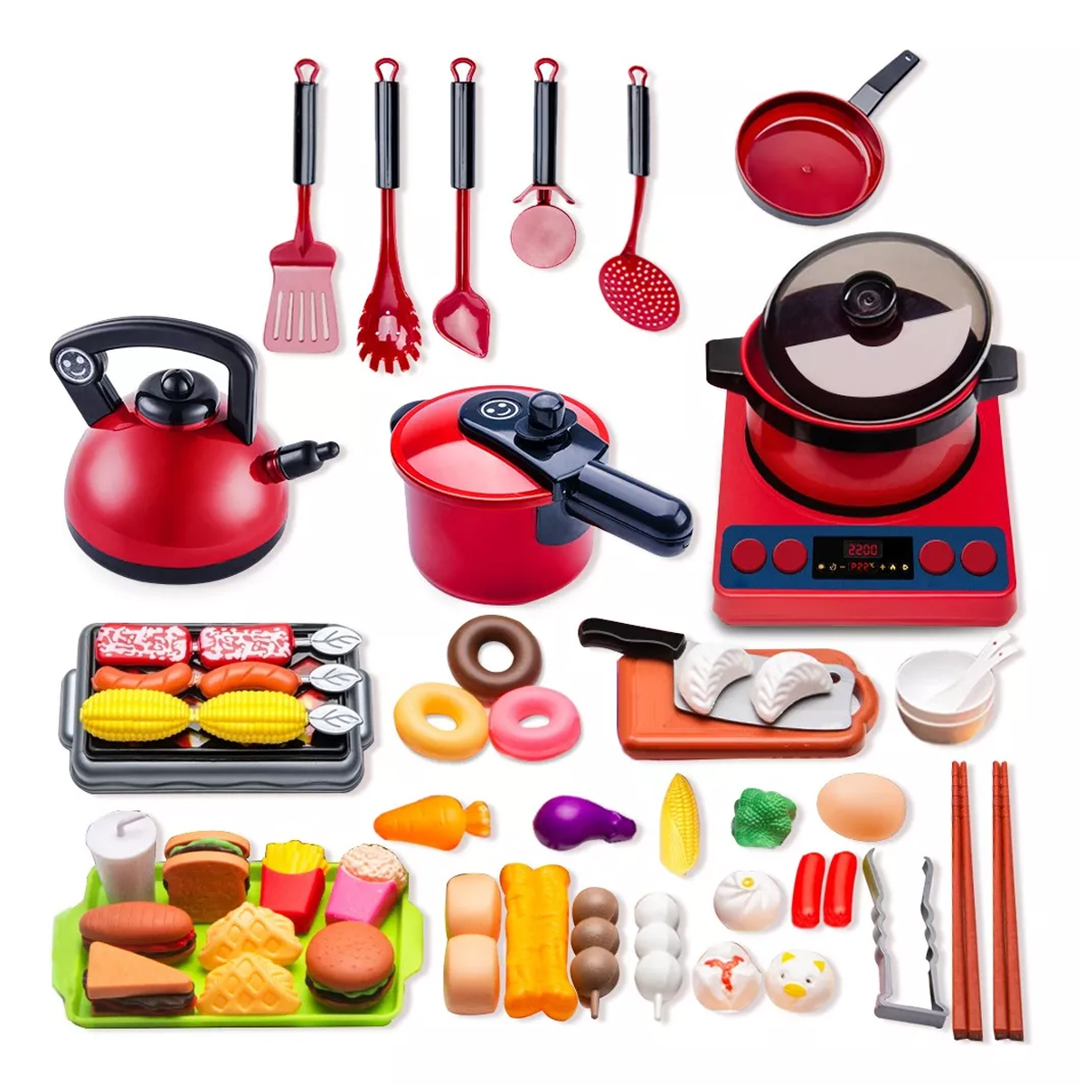 61 piezas Juguetes De Cocina Para Ninos Utensilios Cocina Comida Color Rojo