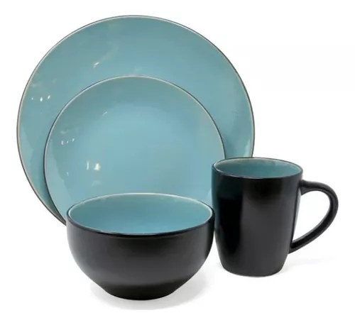 Vajilla De Ceramica Negro/azul 16 Pz Houseware 38088.