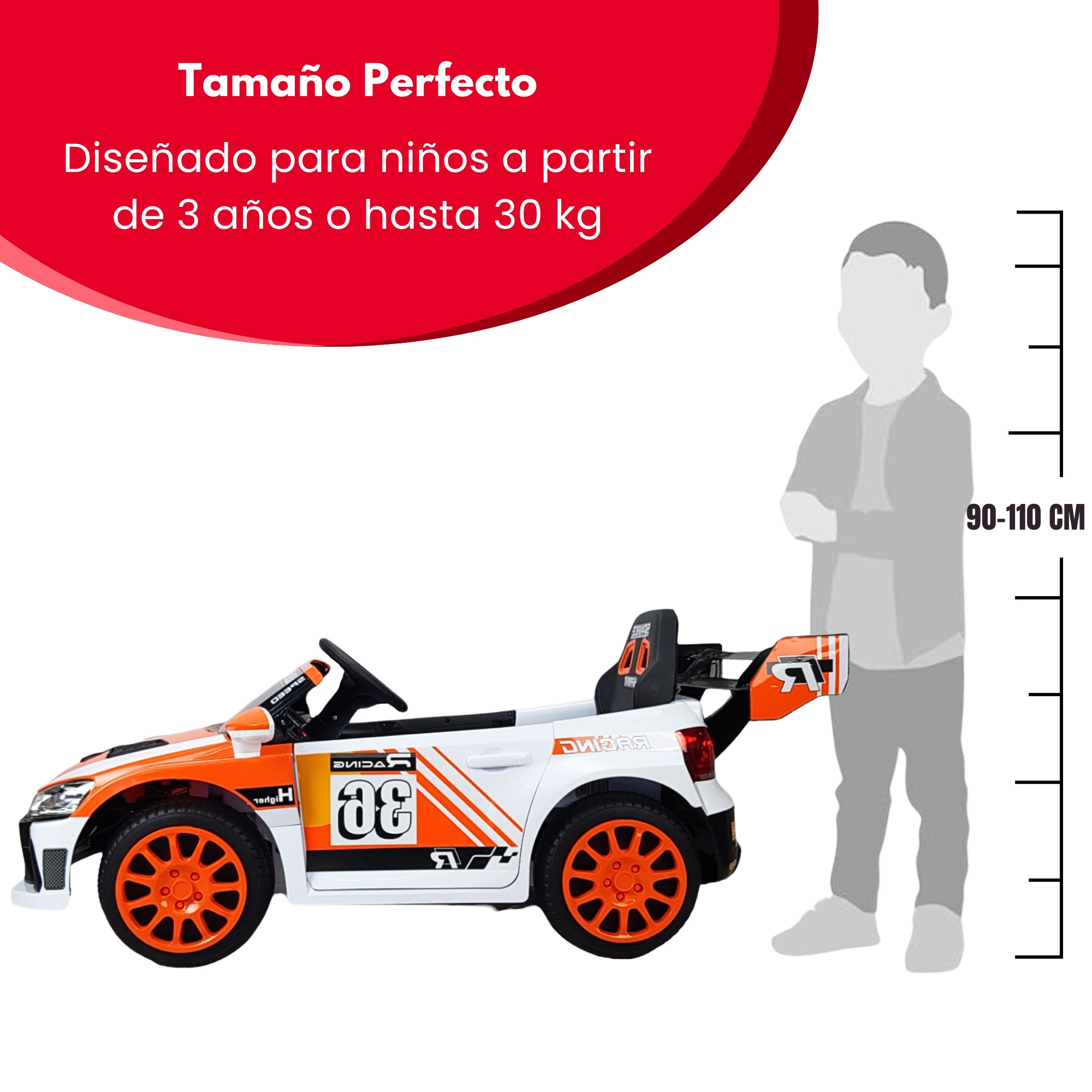 Montable Electrico para Niños Recargable, Control Remoto Racing 6v - Naranja.
