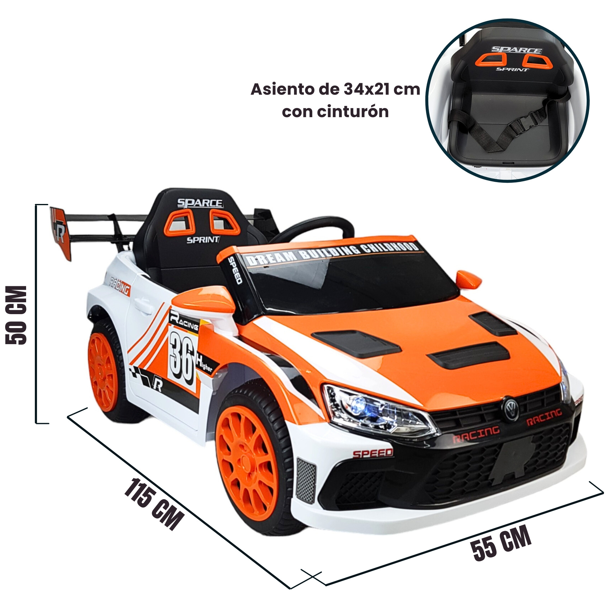 Montable Electrico para Niños Recargable, Control Remoto Racing 6v - Naranja.