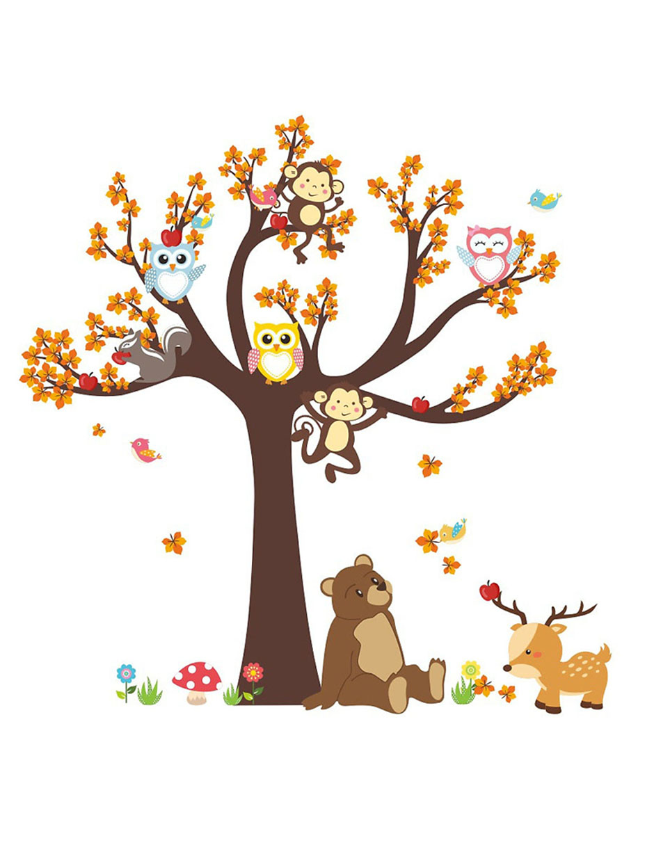 Vinil Decorativo Sala O Habitación  Bosque Con Búhos Y Osos