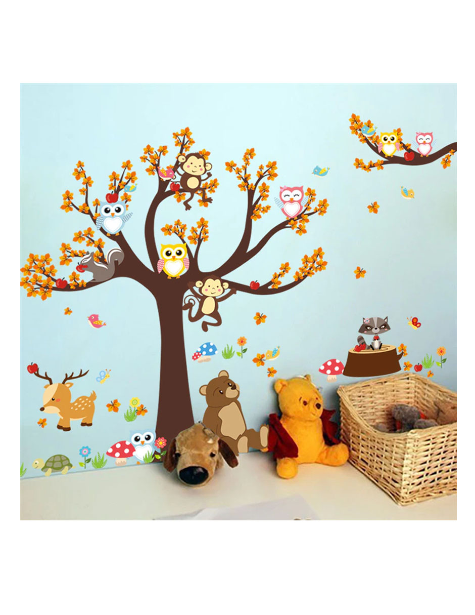 Vinil Decorativo Sala O Habitación  Bosque Con Búhos Y Osos