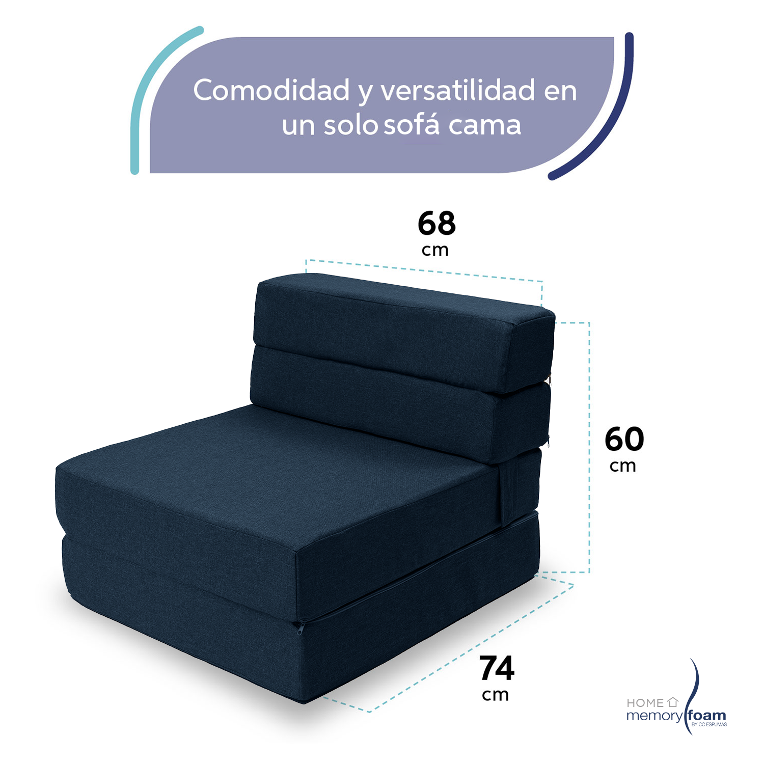 MEMORY FOAM HOME Sofá Cama Individual Cozy Plegable Sofá o Cama Tamaño Individual Color Azul Marino Medidas186 x 68 x 14 cm.