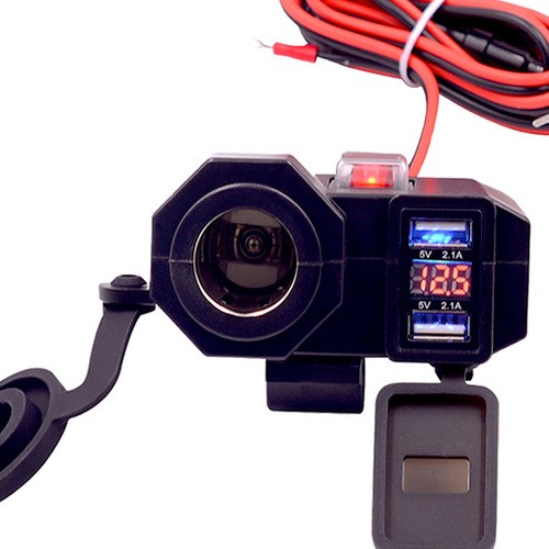 Cargador Motos 12v Adaptador Usb Doble Con Voltímetro 3 en 1.