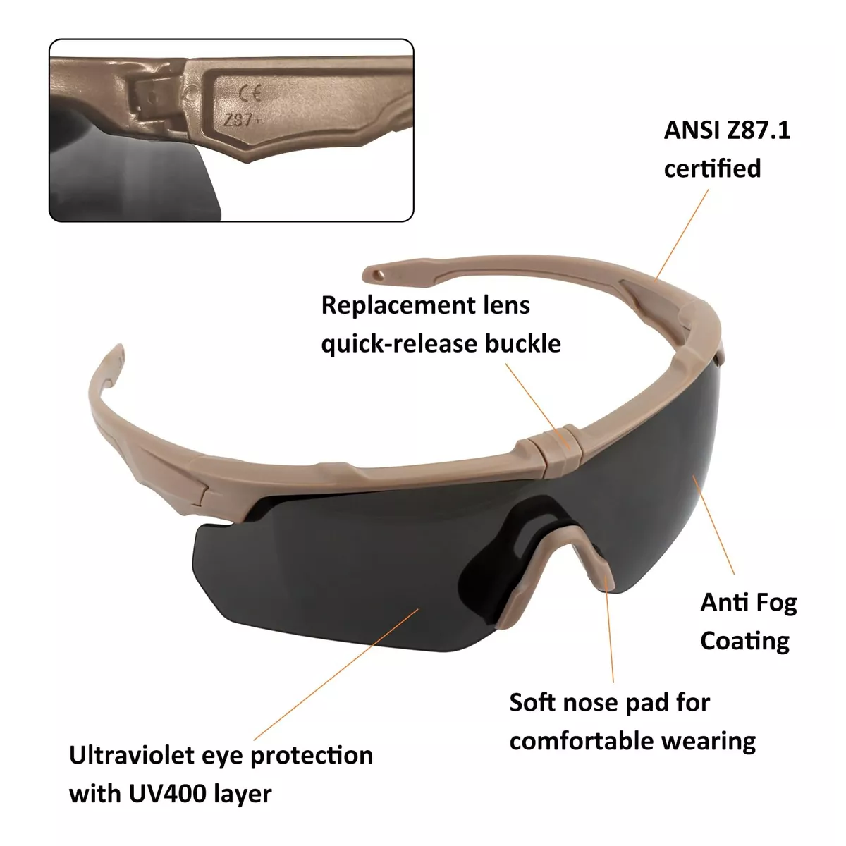 Gafas Goggles Táctico Tiro Uv400 Protección Con 3 Lentes Caqui.