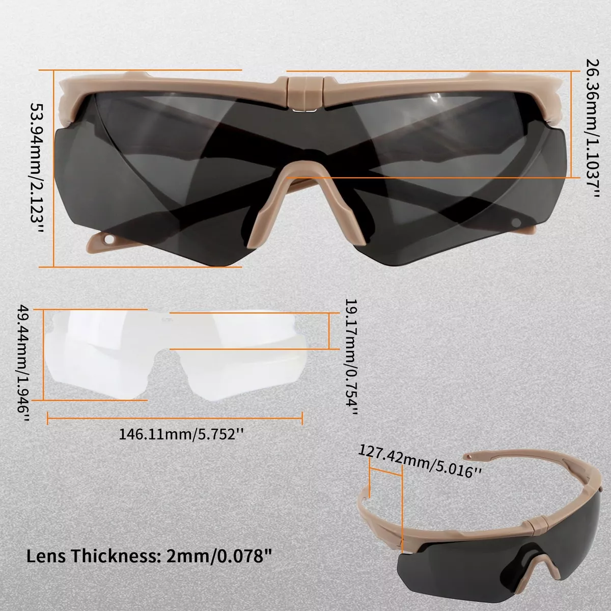 Gafas Goggles Táctico Tiro Uv400 Protección Con 3 Lentes Caqui.