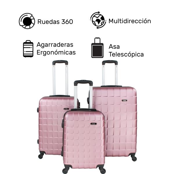 Juego Kit 3 Maletas Viaje Ultra Resistente 4 Ruedas 360 Rosa