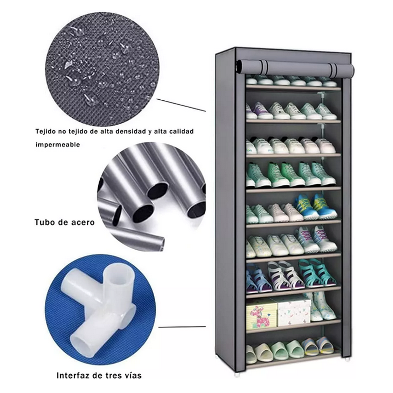 Zapatera 9 Niveles Armable Multiusos Antipolvo Organizador Color Gris.