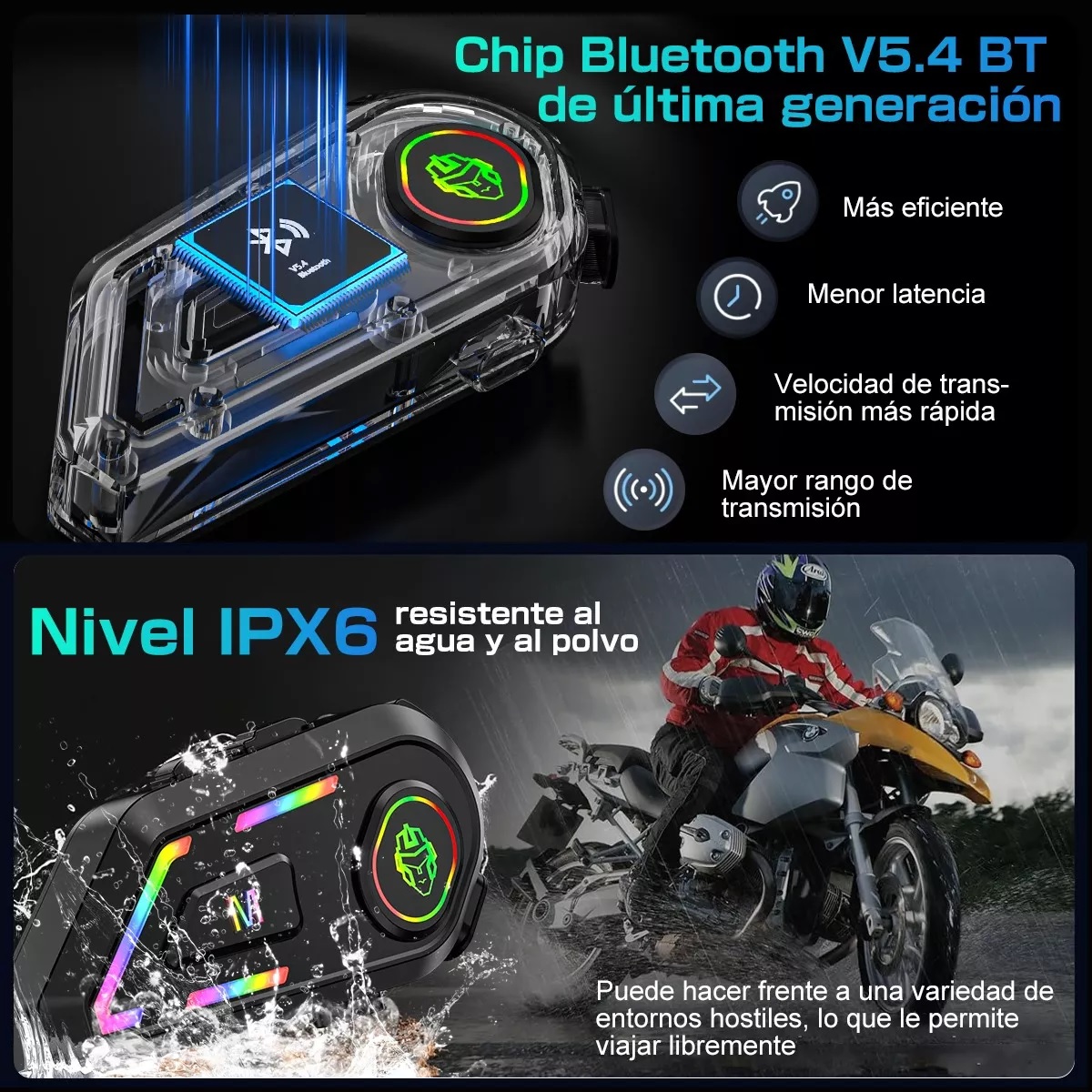 Audífonos Para Casco De Motos Bt5.4 Ipx6 Impermeable 2000mah Microfono Suave.