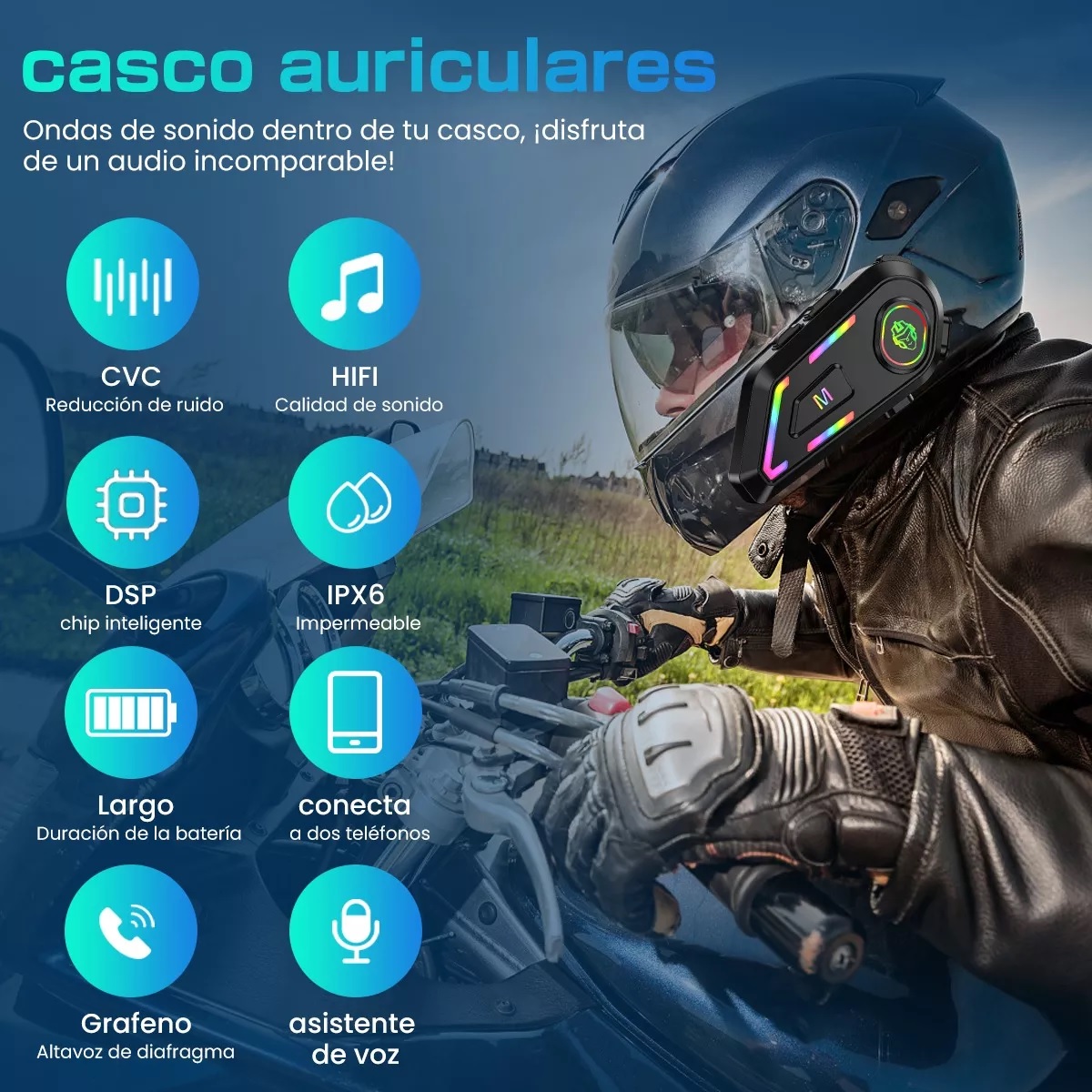 Audífonos Para Casco De Motos Bt5.4 Ipx6 Impermeable 2000mah Microfono Suave.