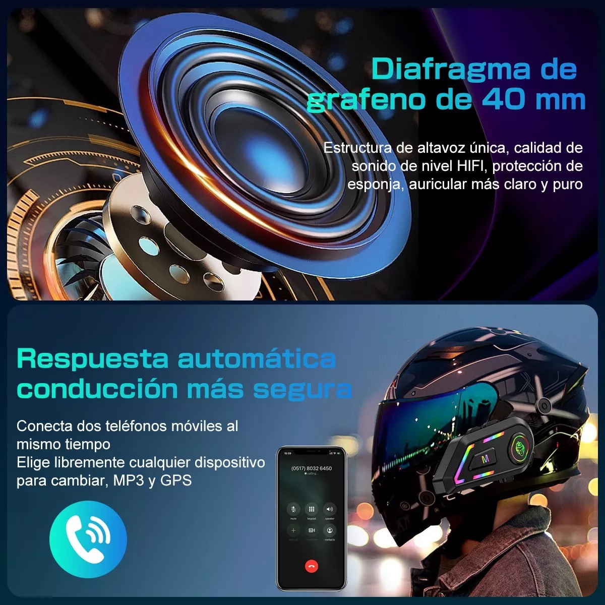 Audífonos Para Casco De Motos Bt5.4 Ipx6 Impermeable 2000mah Microfono Suave.