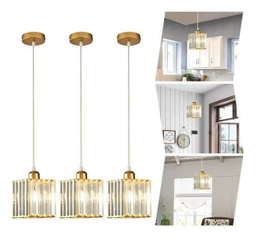 Lámpara Colgante Techo Cristal Moderna Decorativas 3 Piezas Dorado cuadrado.