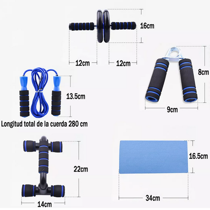 Kit Rodillo Abdominal Barras Push-up Cuerda Ejercitador Mano.