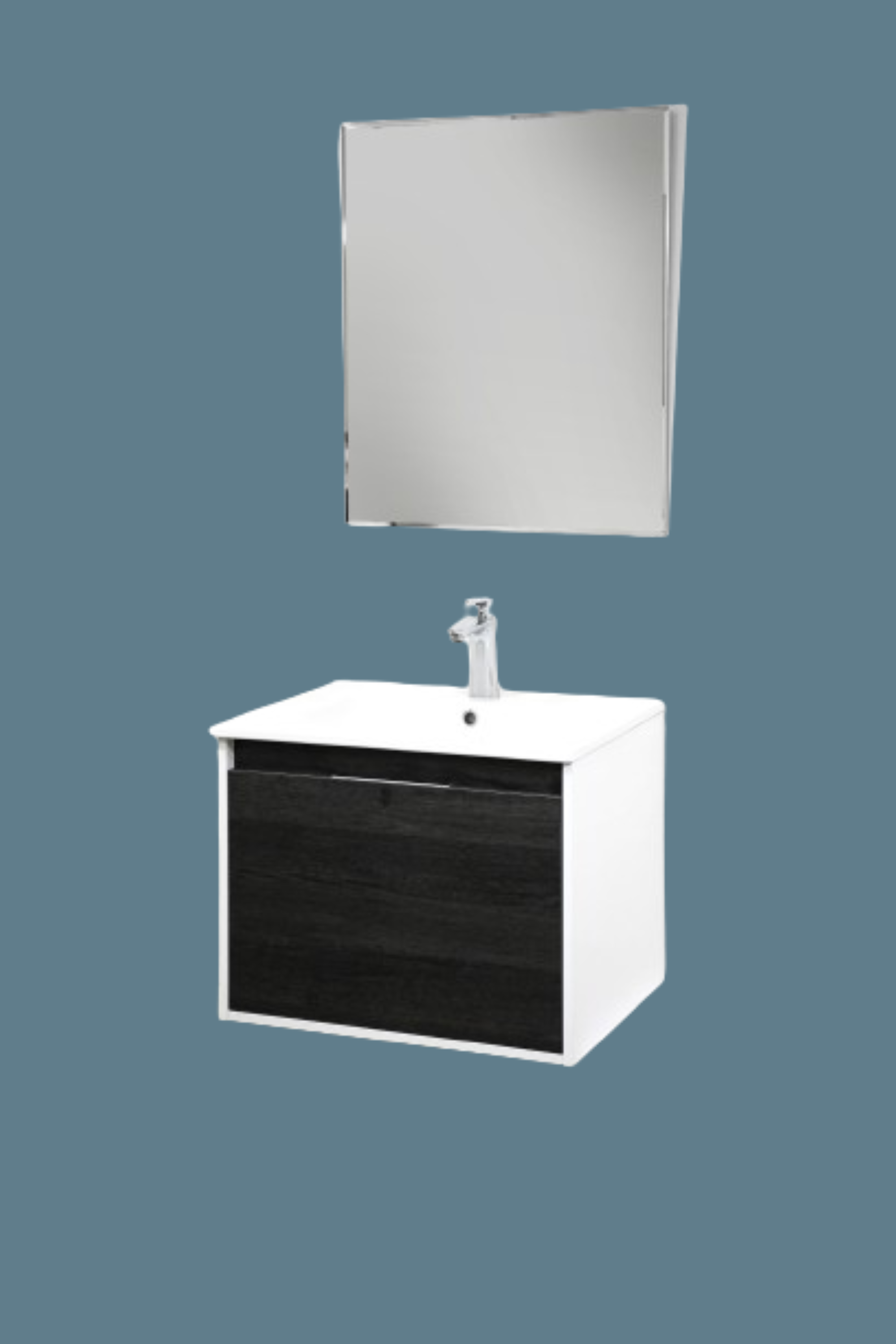 Set Mueble para baño suspendido (Gabinete) VA60EB, con cajonera y  cajón interior. El set incluye: lavabo de cerámica, espejo y monomando. Color Ebony.