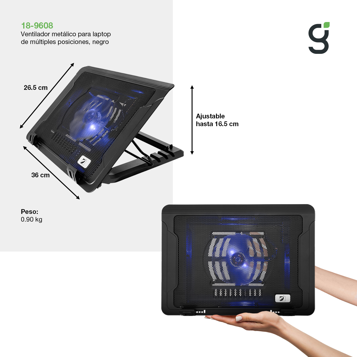 Ventilador metálico para laptop de múltiples posiciones Green Leaf, color negro 18-9608.