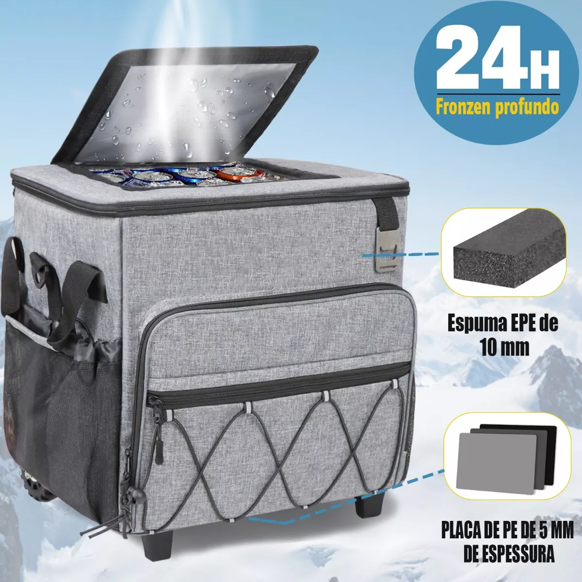 Hielera Con Ruedas Playa 60 Latas Bolsa Térmica Portatil Gris.