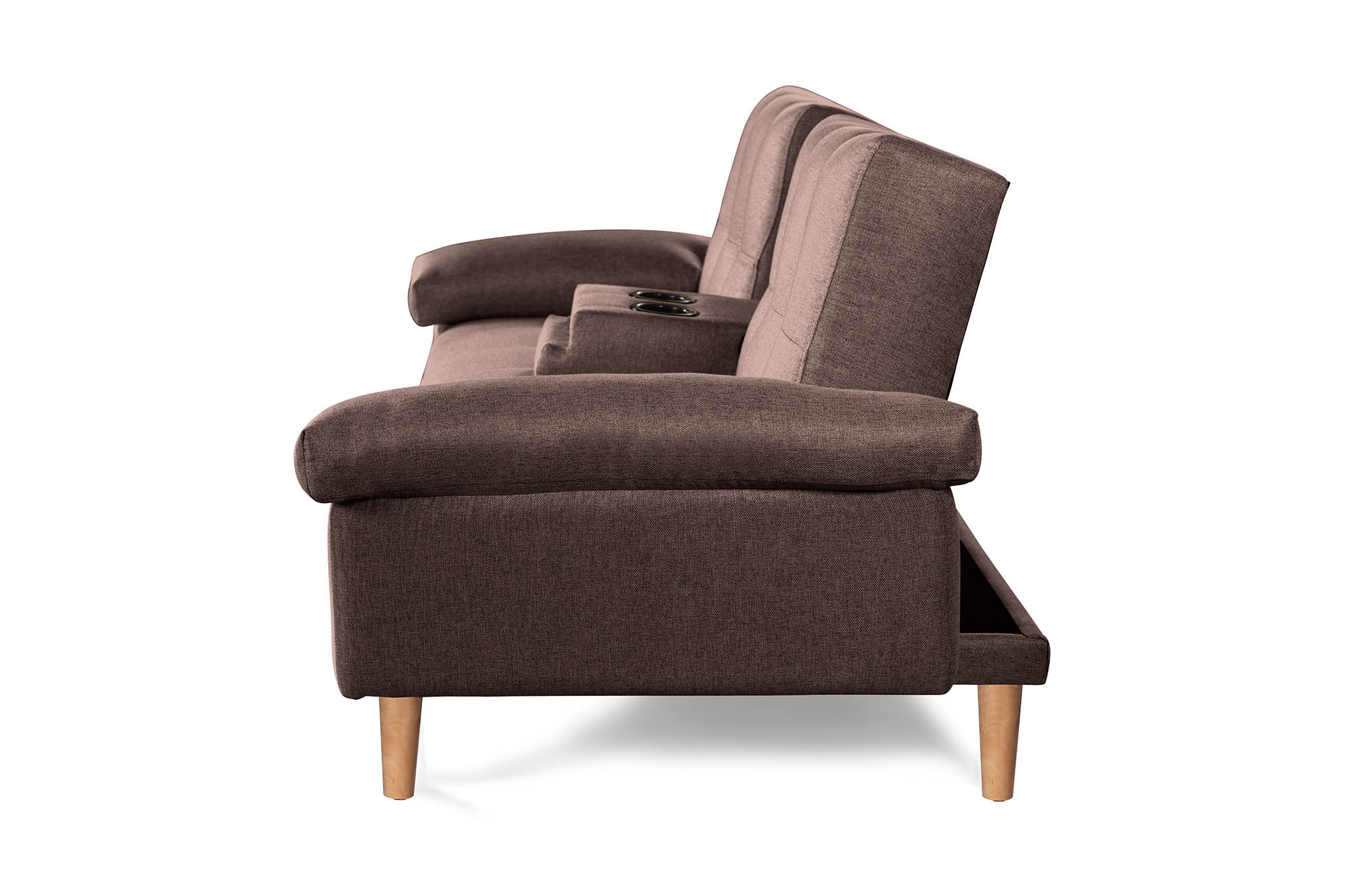 Sofá Cama Hendrix Chocolate Makora Essentials de lino con portavasos.
