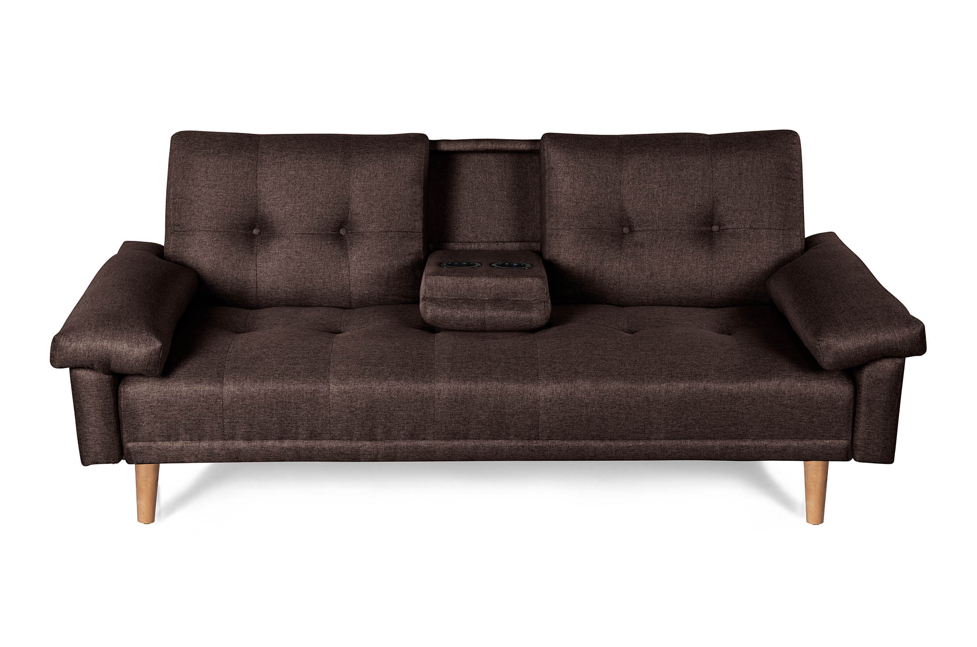 Sofá Cama Hendrix Chocolate Makora Essentials de lino con portavasos.