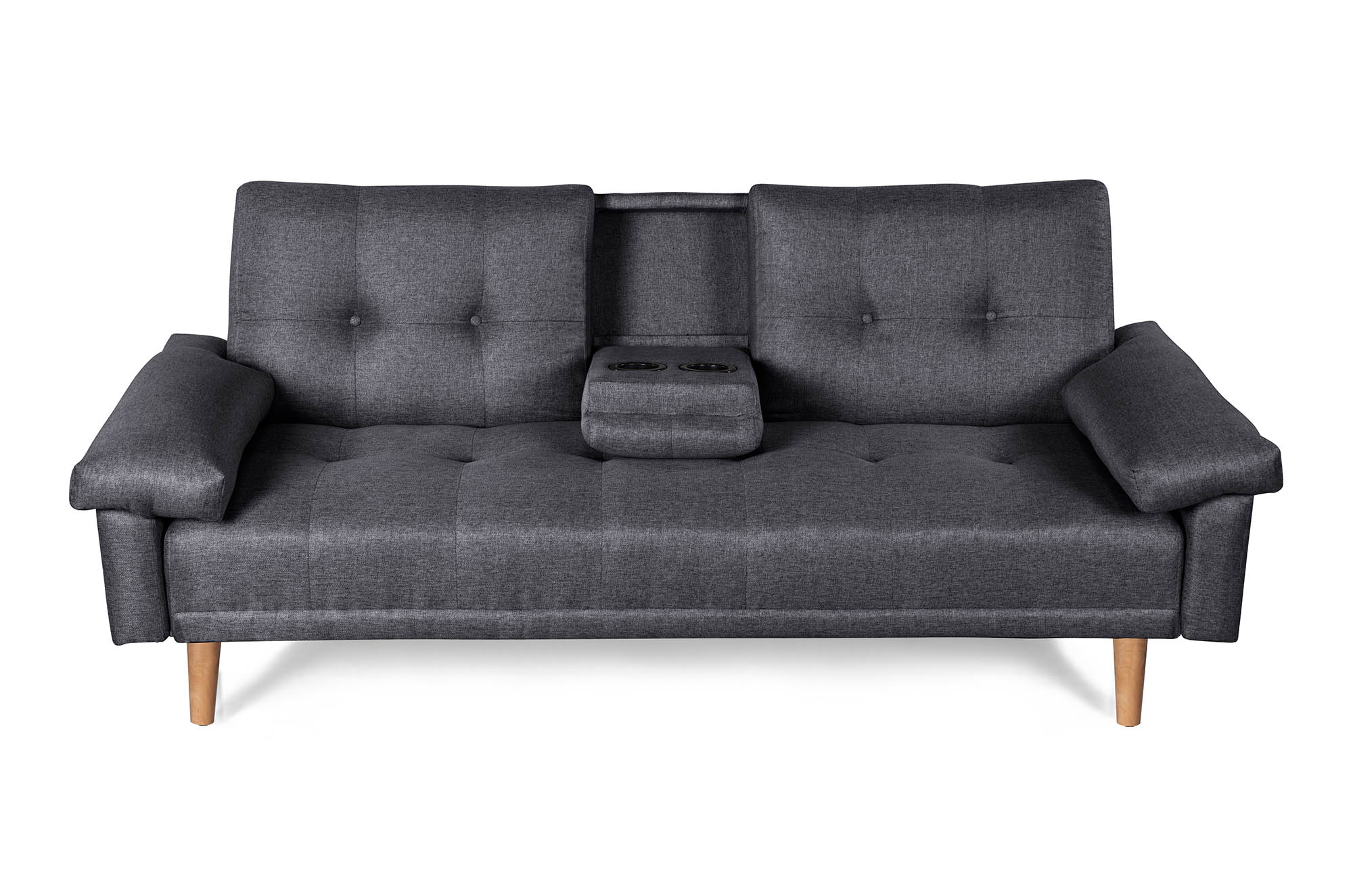 Sofá Cama Hendrix Gris Oxford Makora Essentials de lino con portavasos.