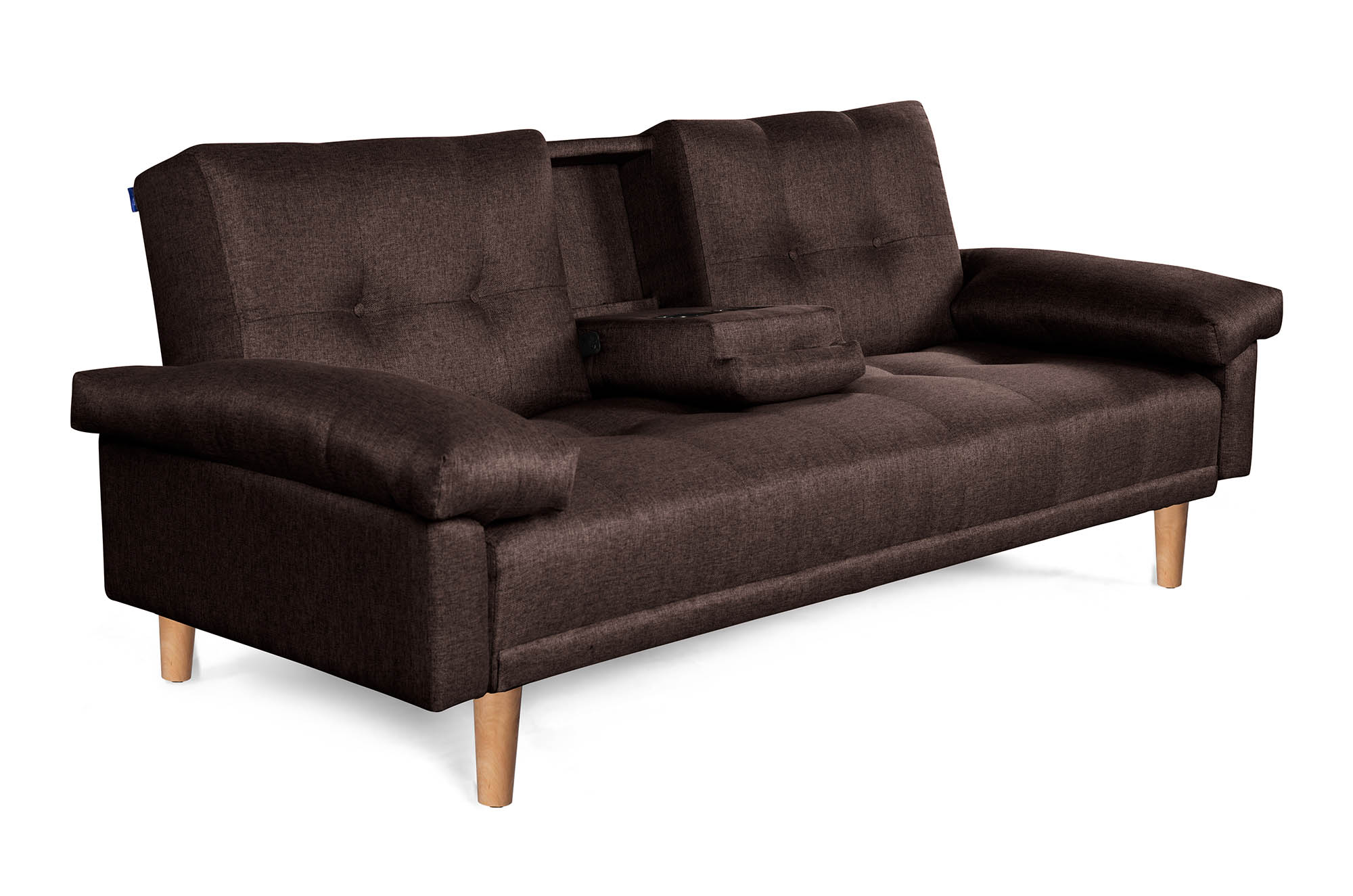 Sofá Cama Hendrix Chocolate Makora Essentials de lino con portavasos.
