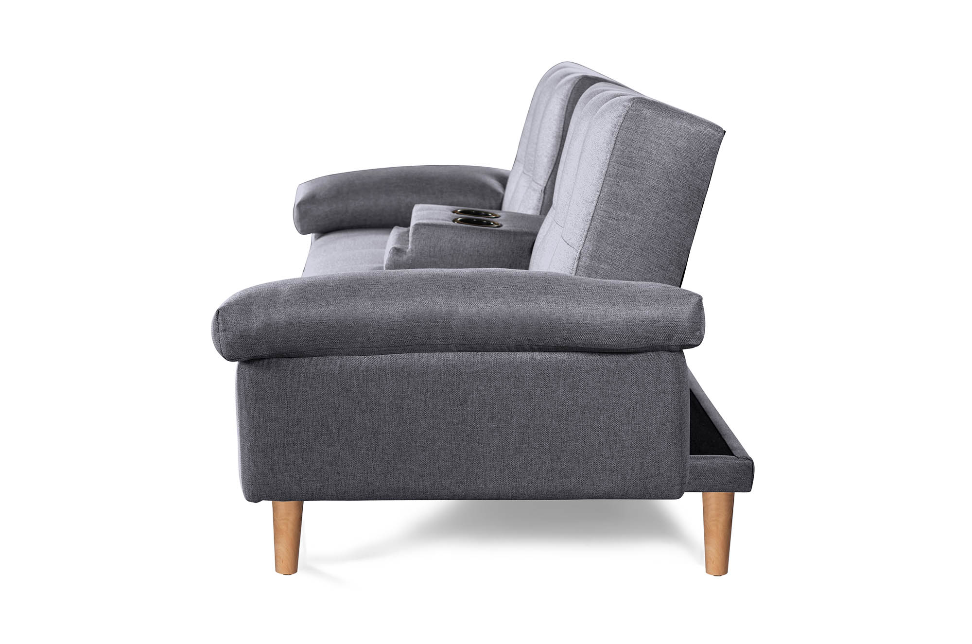 Sofá Cama Hendrix Gris Oxford Makora Essentials de lino con portavasos.