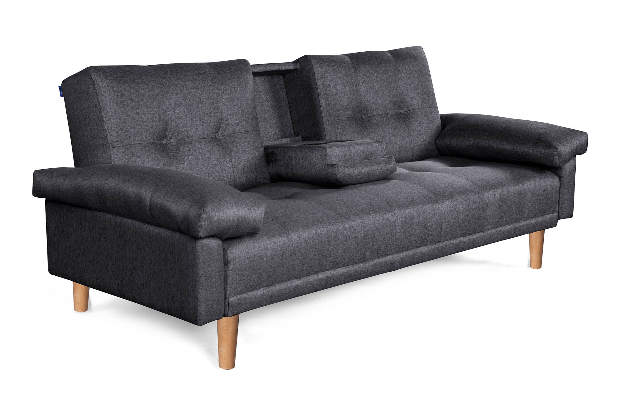 Sofá Cama Hendrix Gris Oxford Makora Essentials de lino con portavasos.