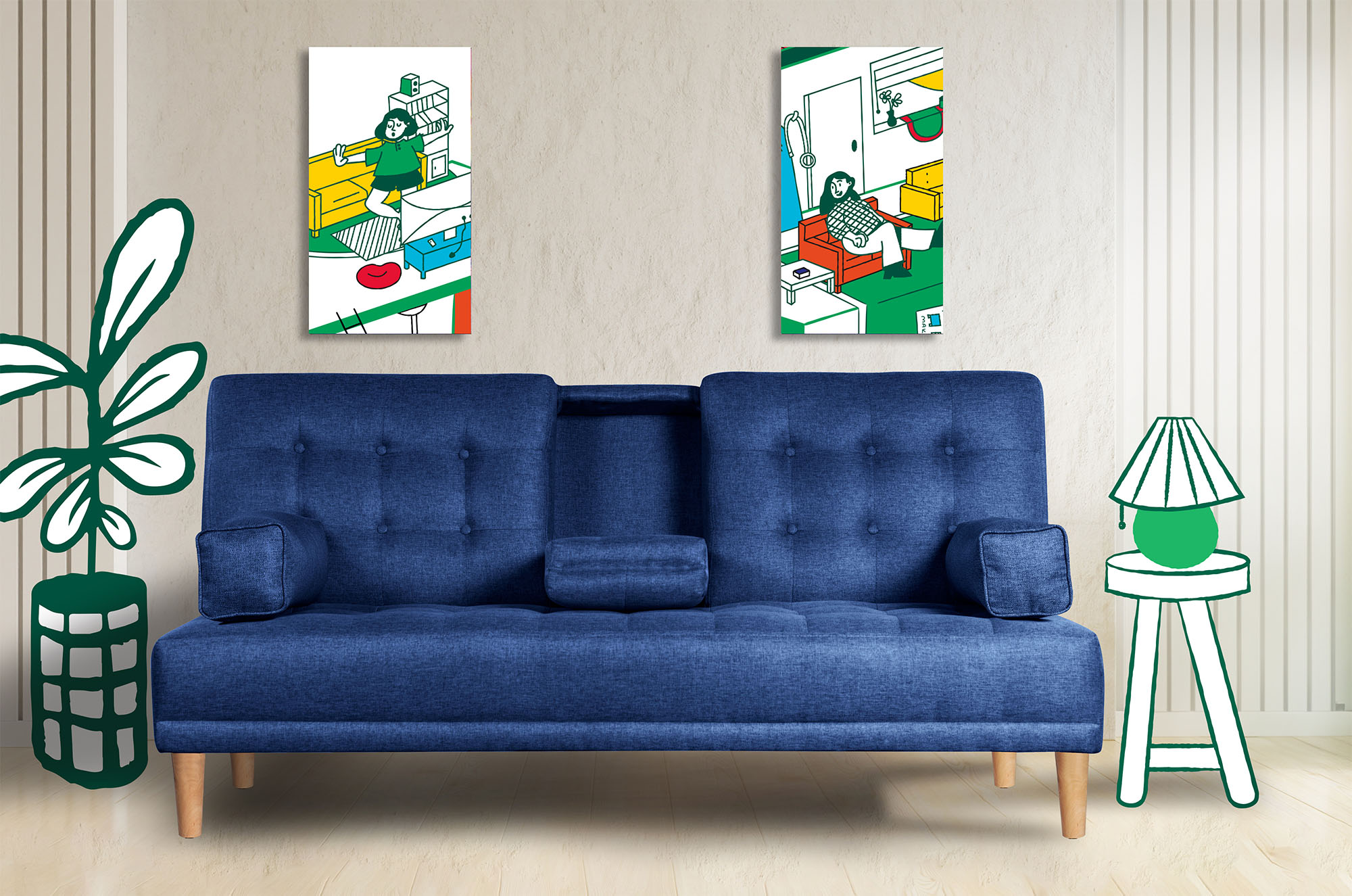 Sofá Cama Queen Azul  Makora Essentials de lino con portavasos.