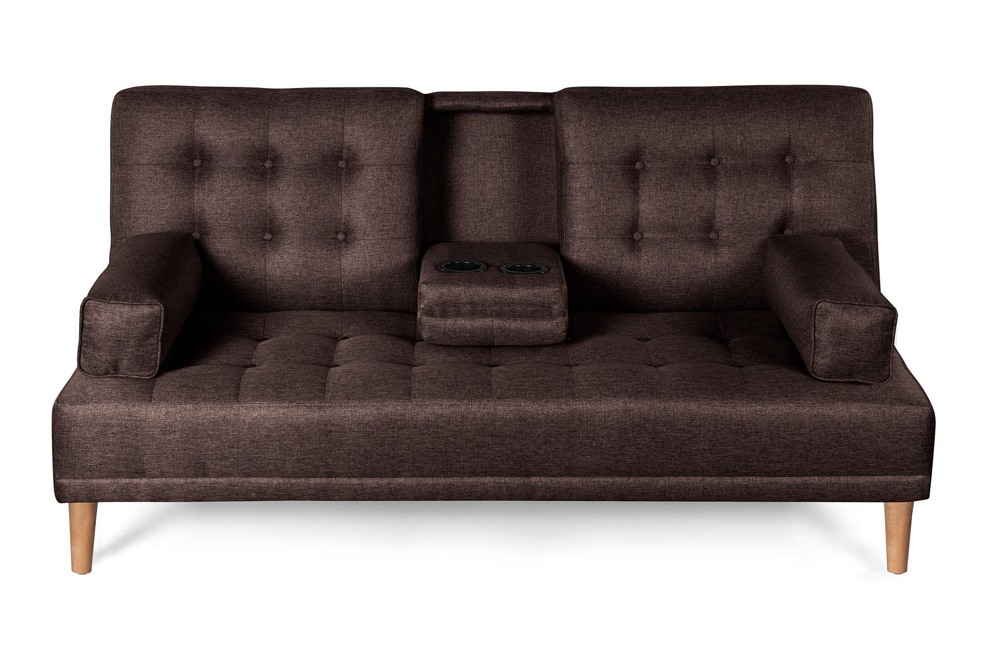 Sofá Cama Queen Chocolate Makora Essentials de lino con portavasos.