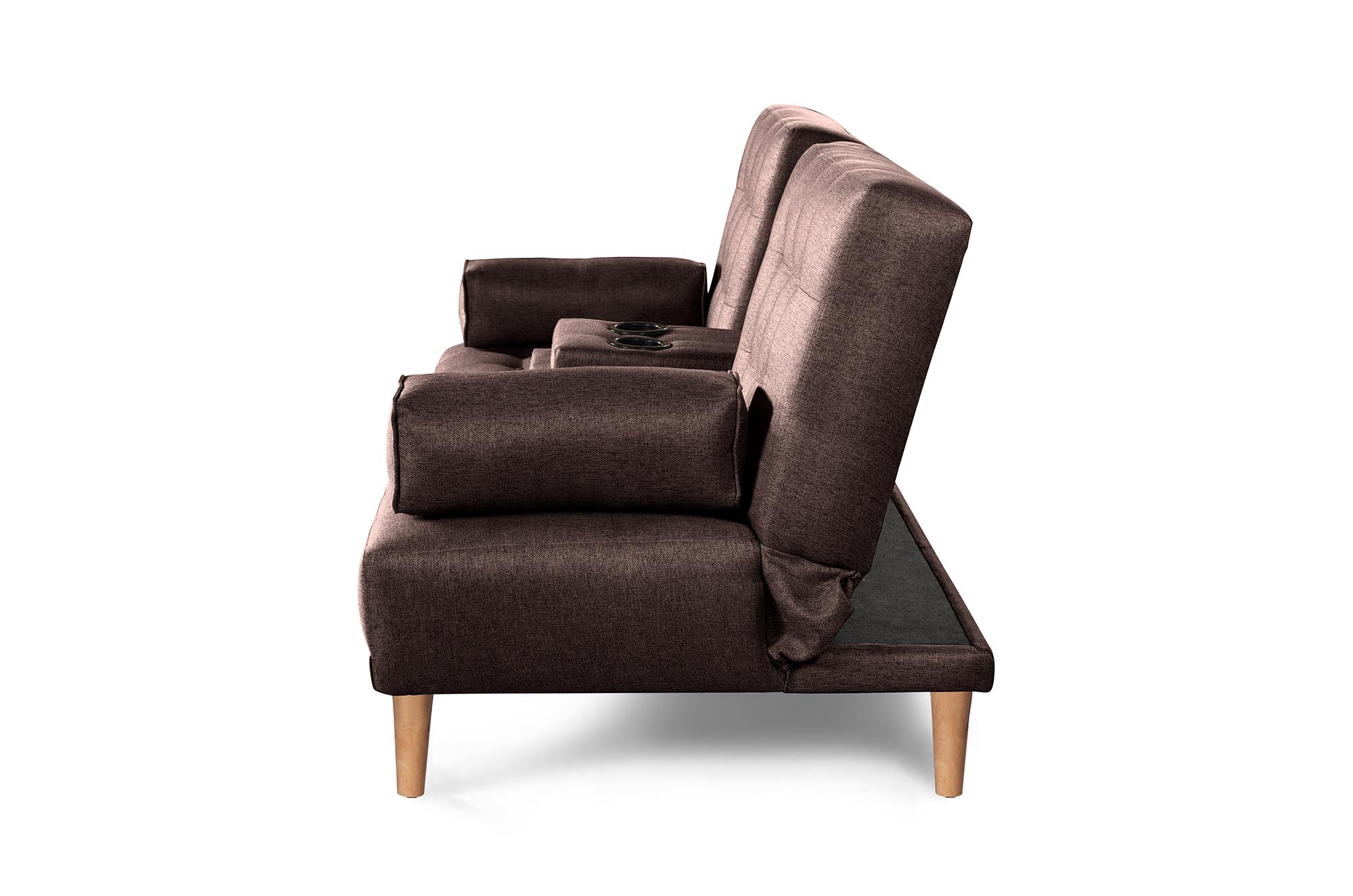 Sofá Cama Queen Chocolate Makora Essentials de lino con portavasos.