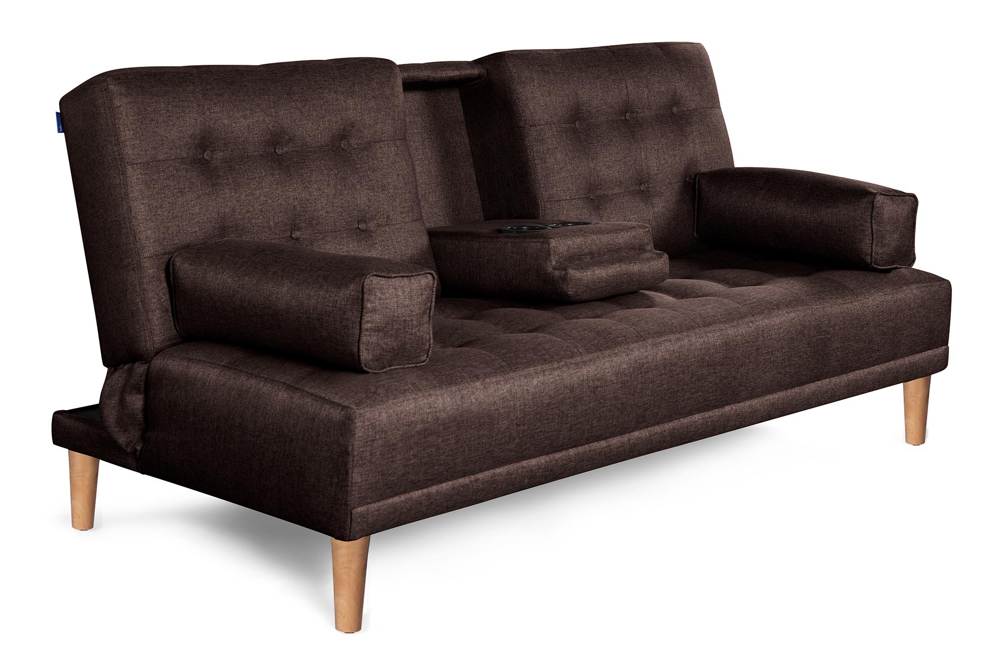 Sofá Cama Queen Chocolate Makora Essentials de lino con portavasos.