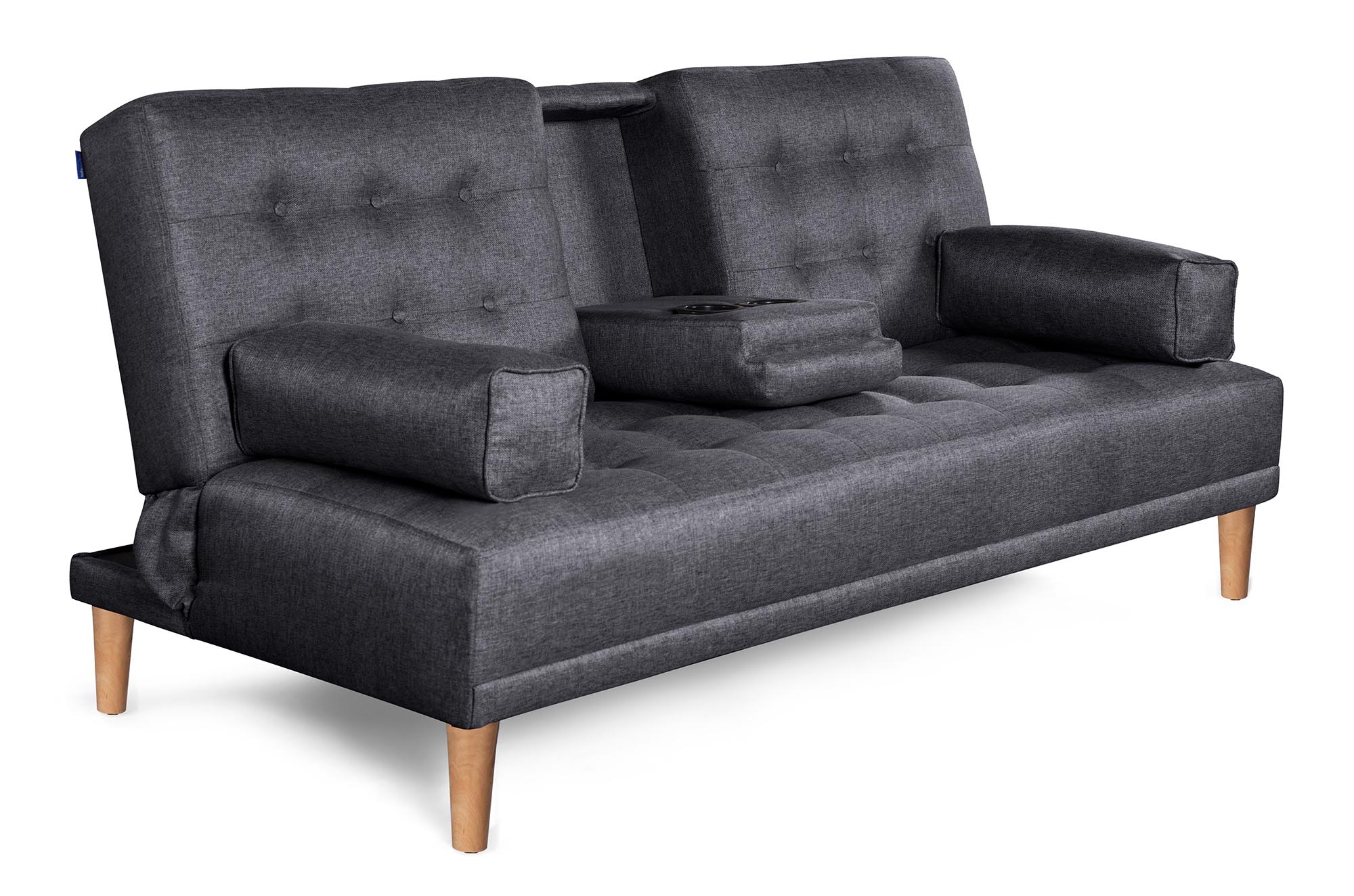 Sofá Cama Queen Gris Oxford Makora Essentials de lino con portavasos.