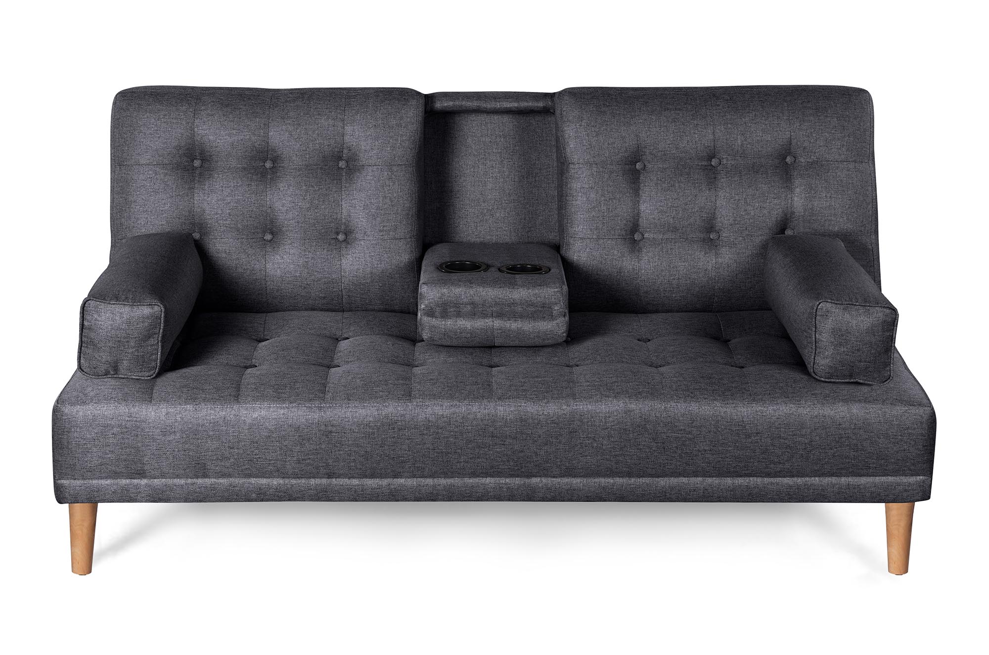 Sofá Cama Queen Gris Oxford Makora Essentials de lino con portavasos.