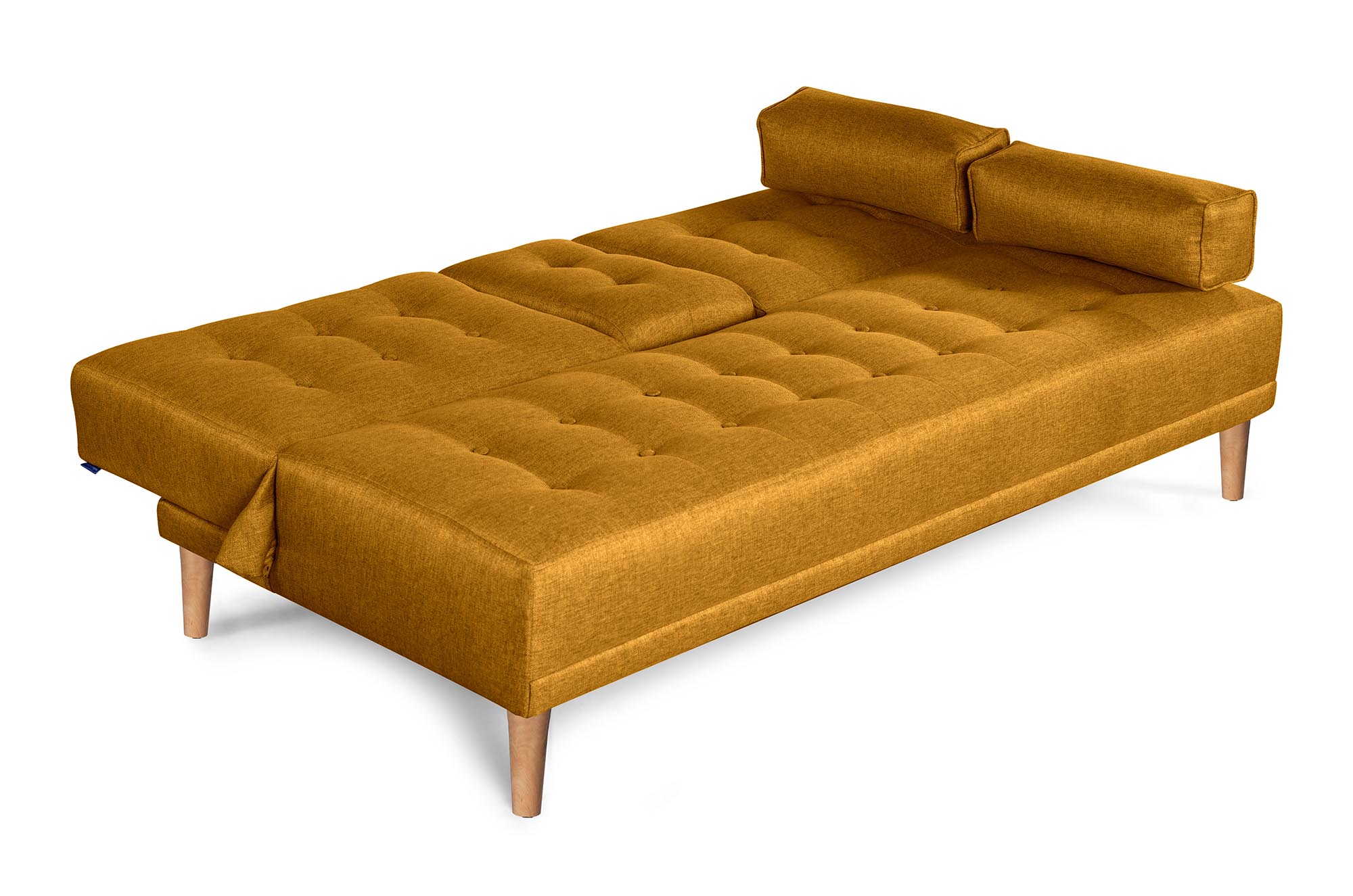 Sofá Cama Queen Mostaza Makora Essentials de lino con portavasos.