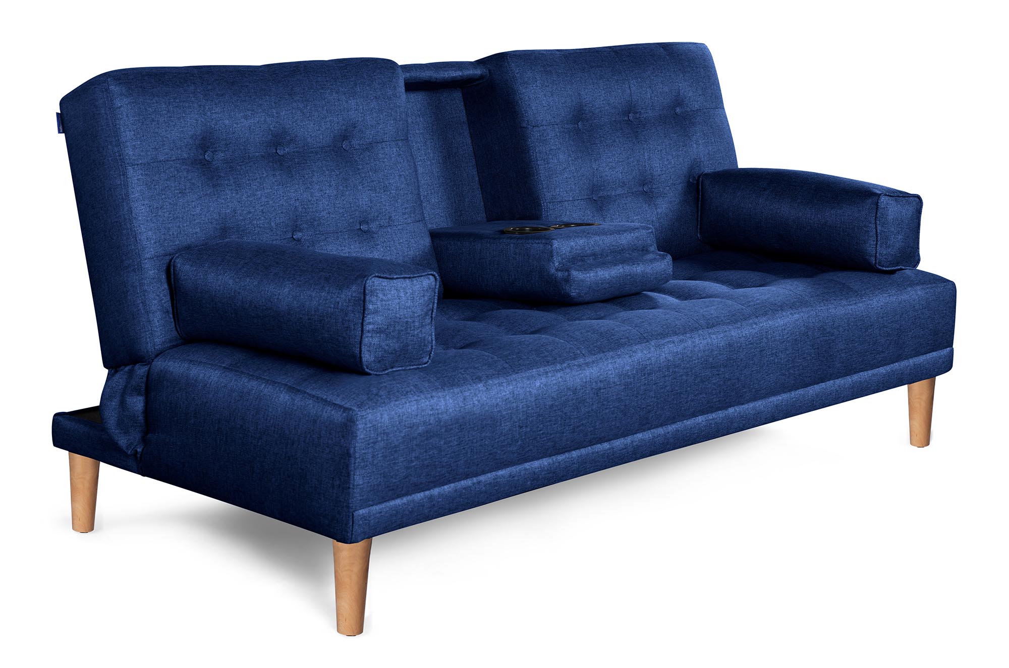 Sofá Cama Queen Azul  Makora Essentials de lino con portavasos.