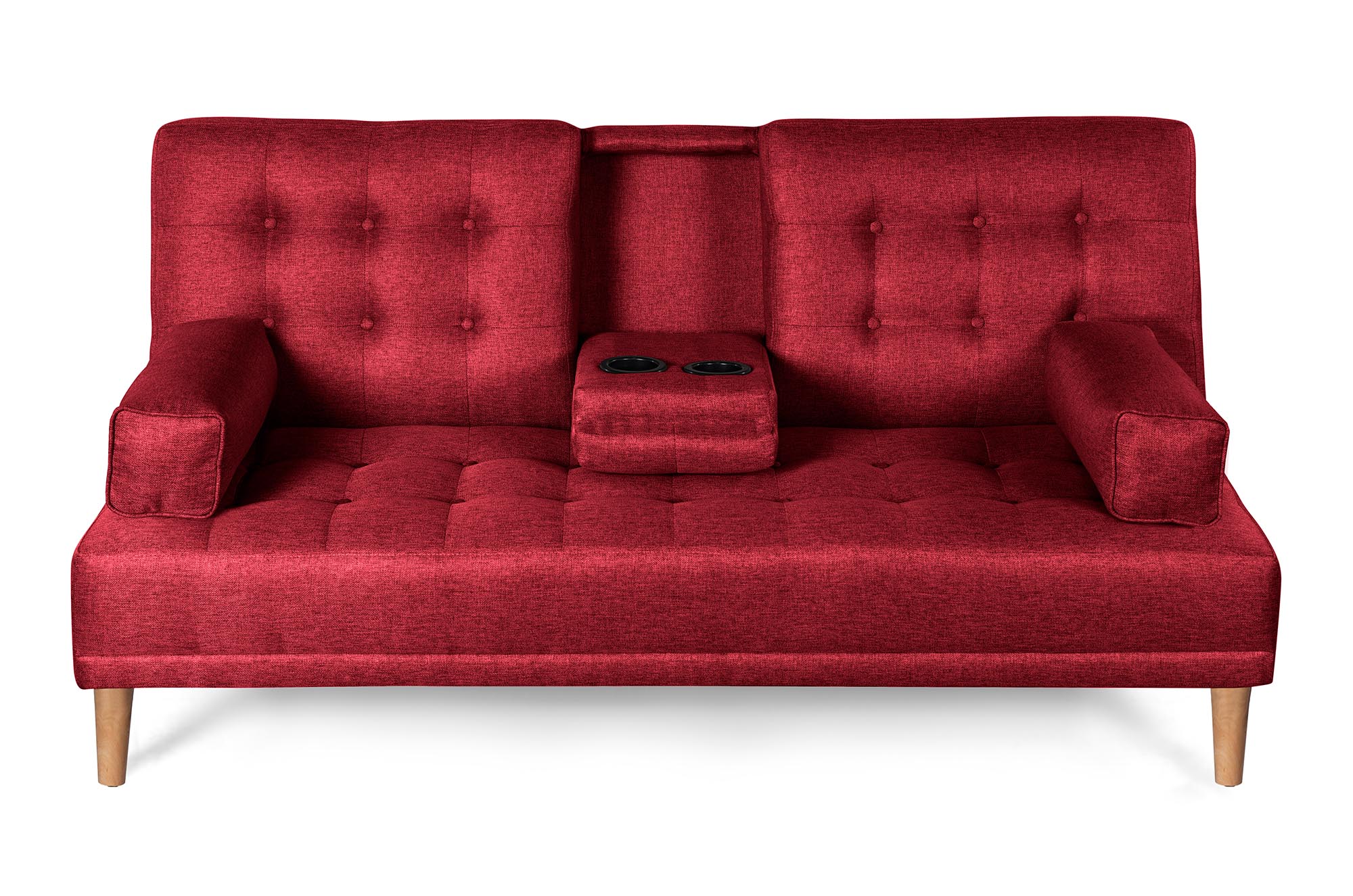 Sofá Cama Queen Rojo Makora Essentials de lino con portavasos.