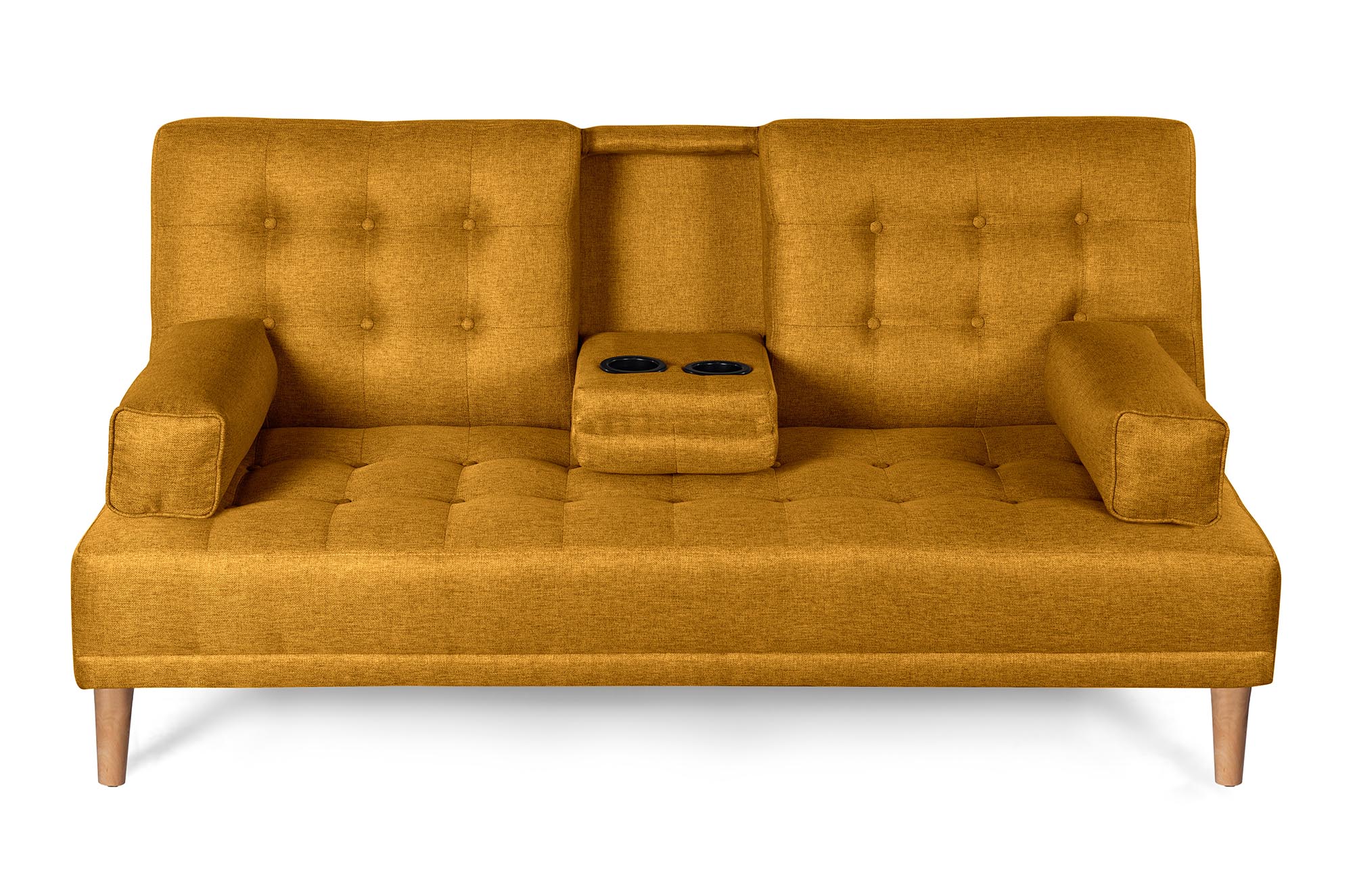 Sofá Cama Queen Mostaza Makora Essentials de lino con portavasos.