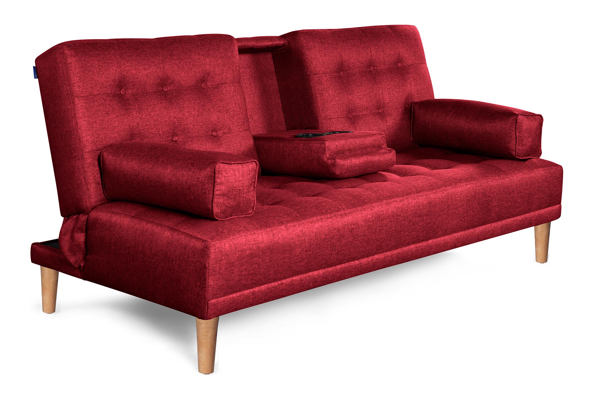 Sofá Cama Queen Rojo Makora Essentials de lino con portavasos.