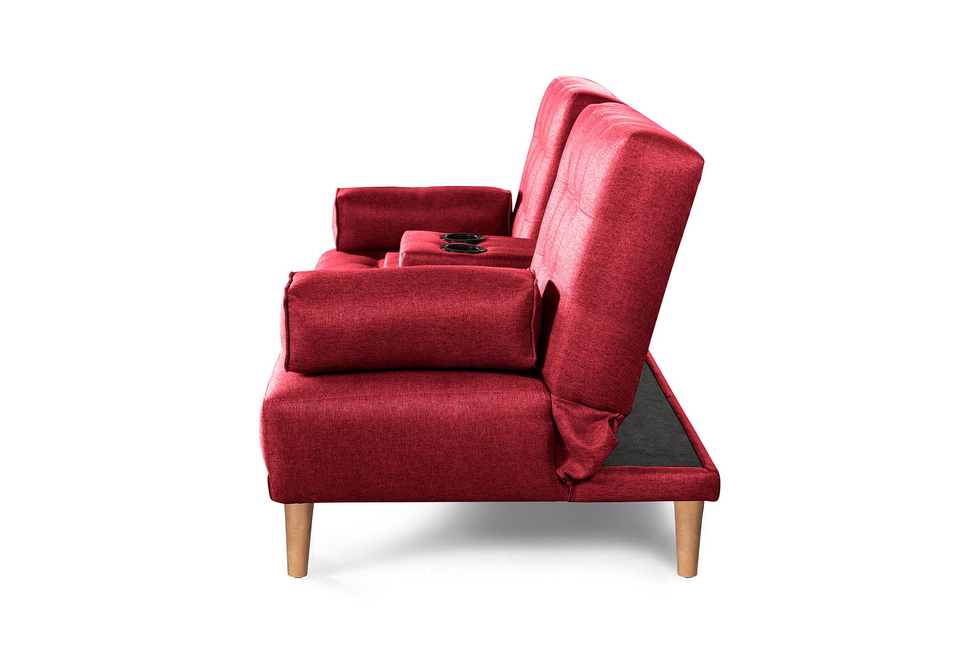 Sofá Cama Queen Rojo Makora Essentials de lino con portavasos.