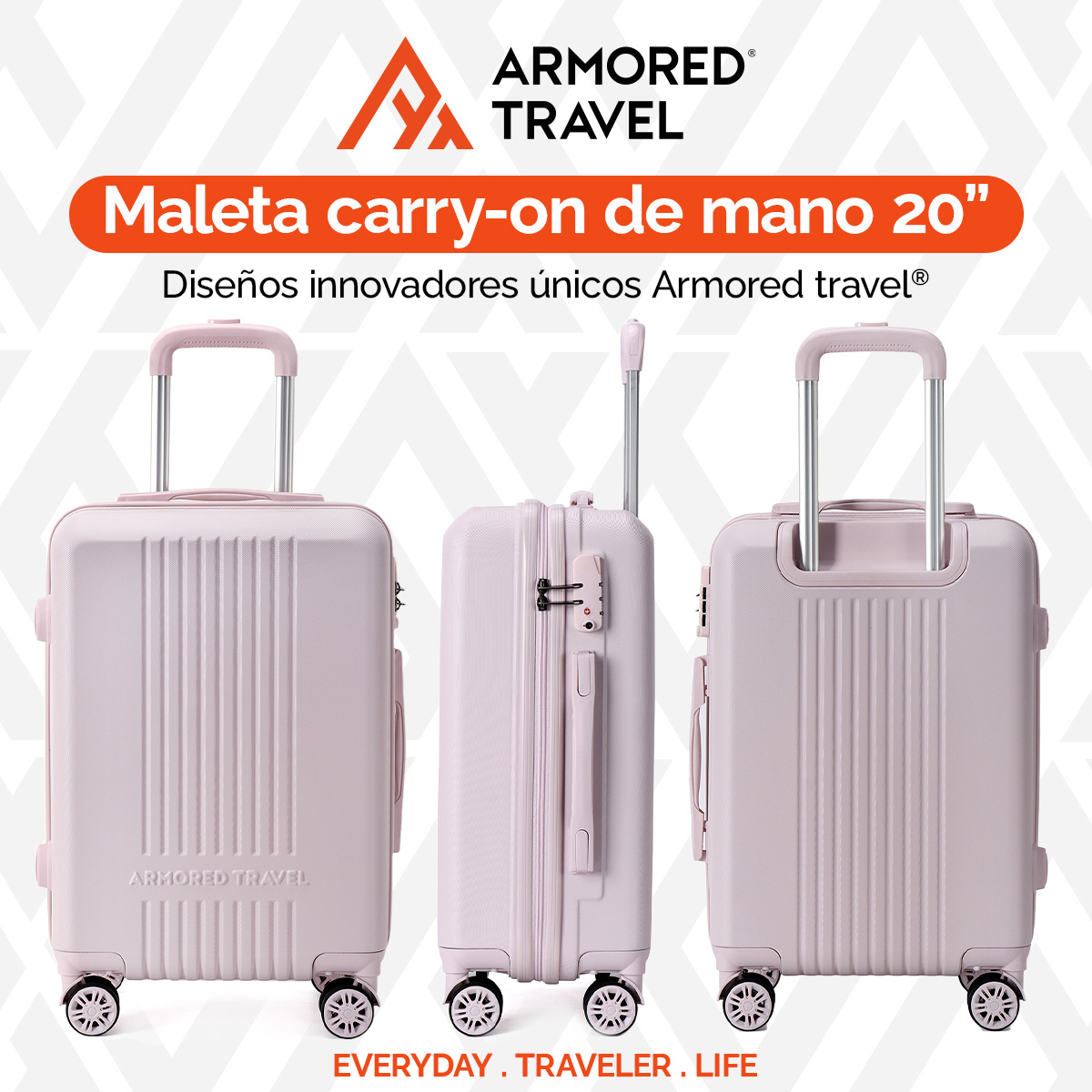 Maleta de viaje Carry On de mano cabina 20 pulgadas 10 kg ABS doble calibre candado de alta seguridad TSA LOCK Rosa Armored Travel.