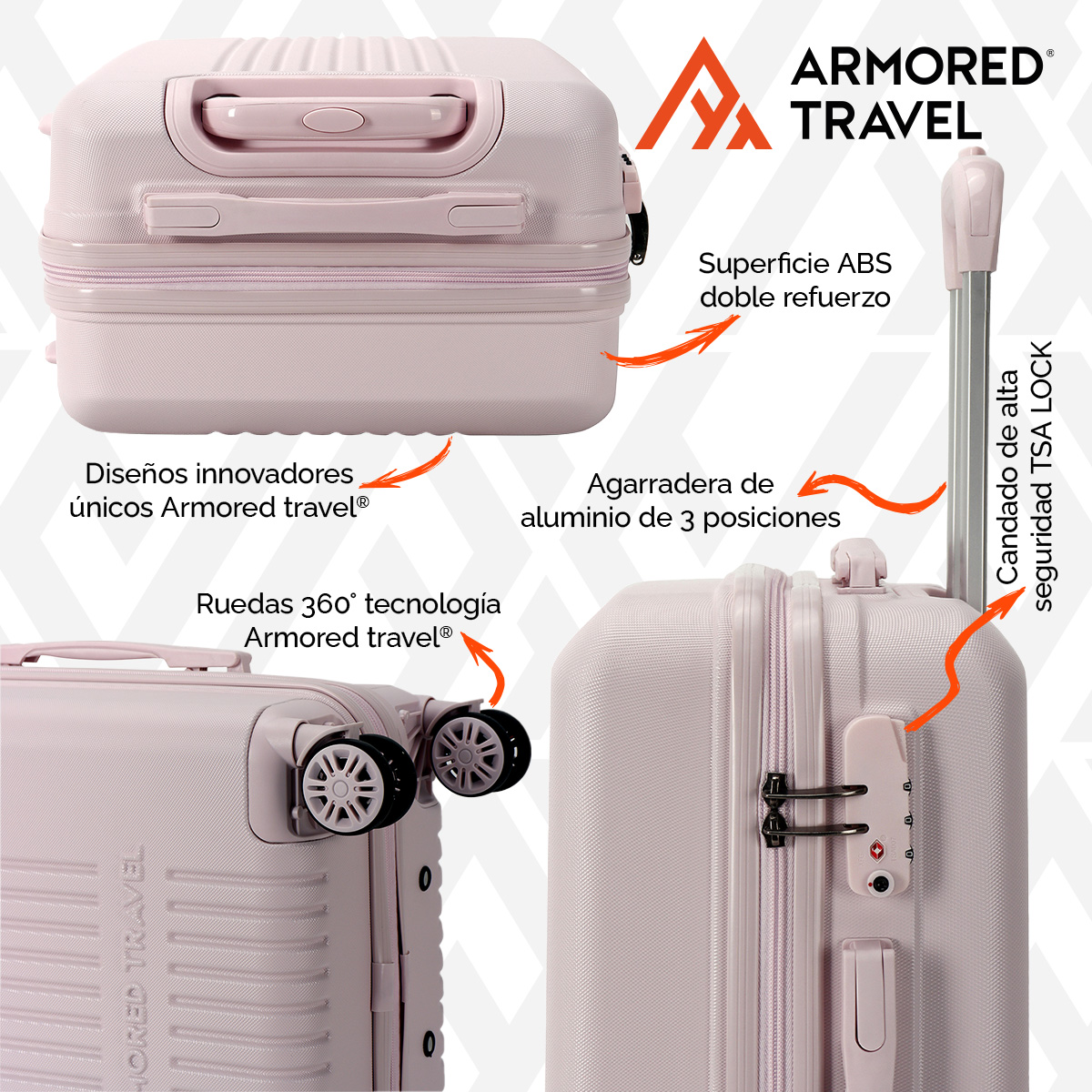 Maleta de viaje Carry On de mano cabina 20 pulgadas 10 kg ABS doble calibre candado de alta seguridad TSA LOCK Rosa Armored Travel.