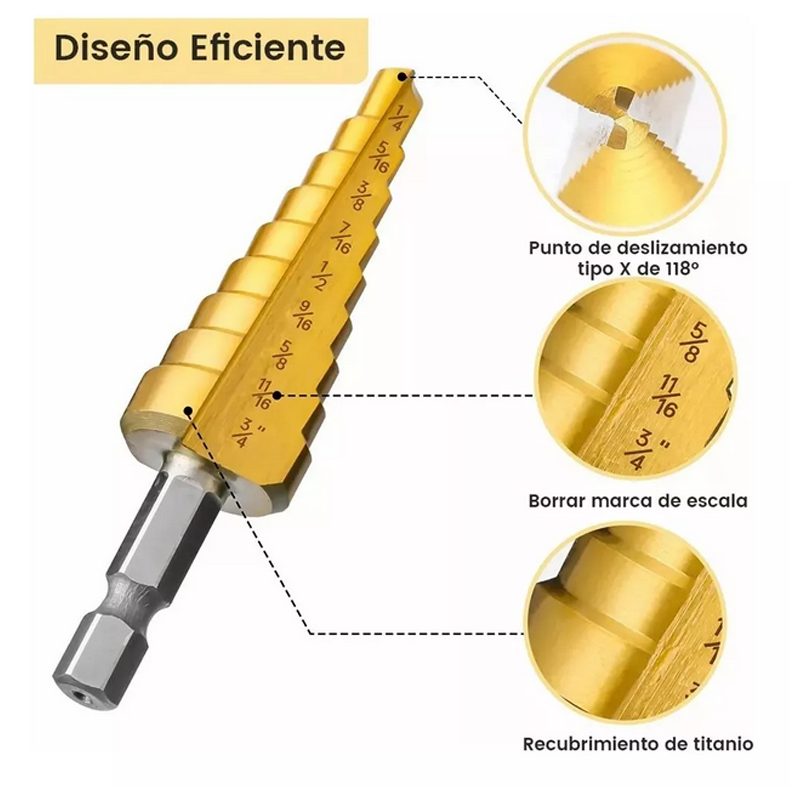 Broca Escalonada Juego Conica Acero Rapido Taladro 5 Uds .