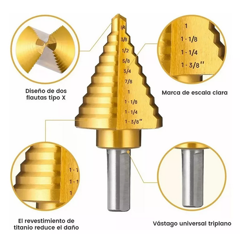 Broca Escalonada Juego Conica Acero Rapido Taladro 5 Uds .
