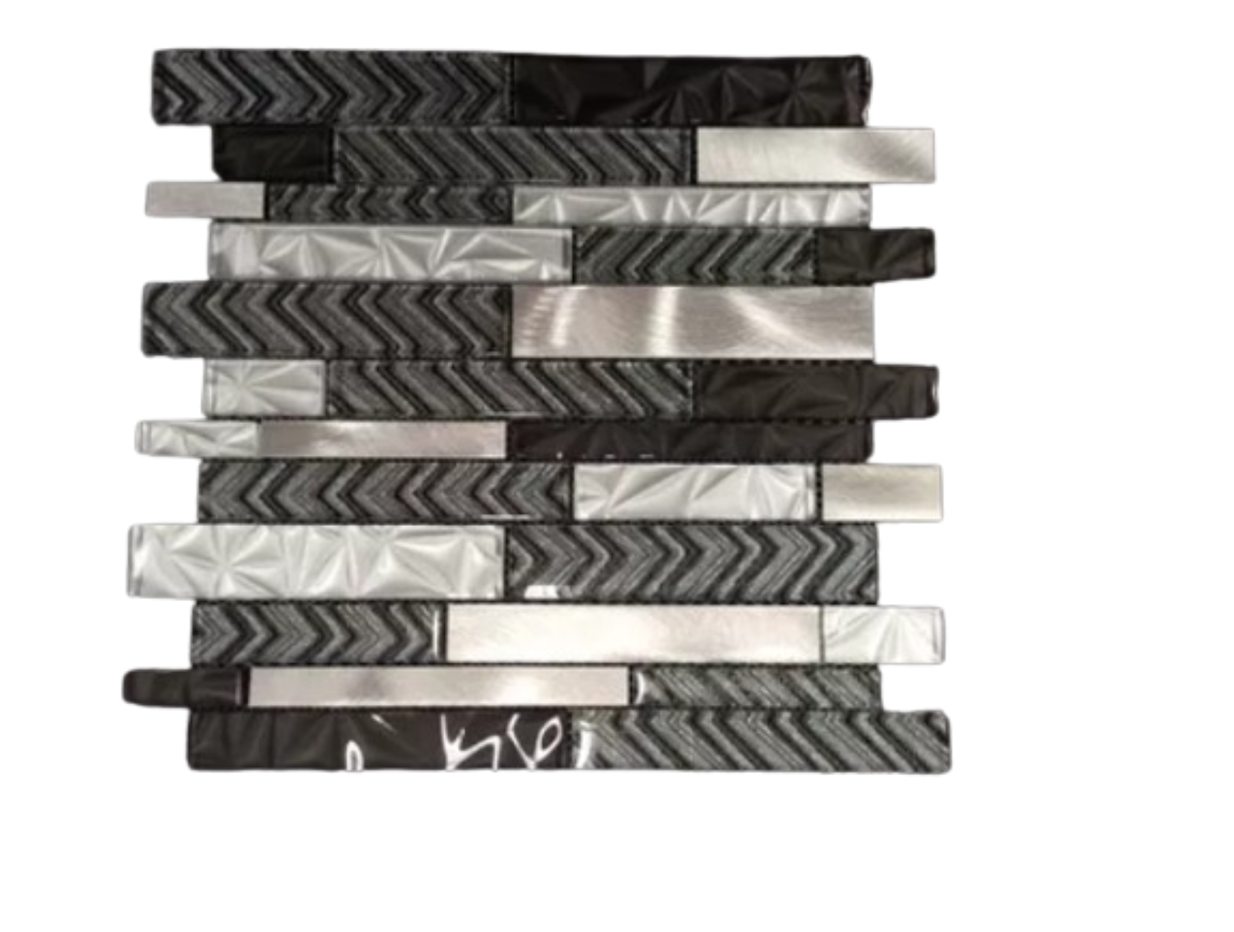 Malla o Mosaico Decorativo de vidrio NA, medida 30 x 30 cms. (base por altura). Diseño en tonos plata y gris con detalles en relieve. Caja de 5 piezas.