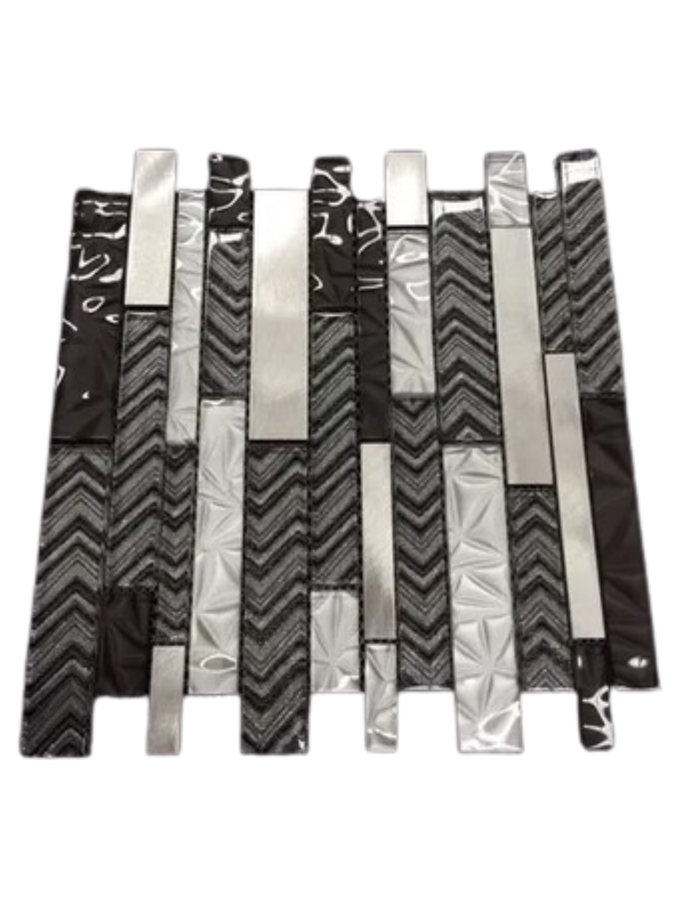 Malla o Mosaico Decorativo de vidrio NA, medida 30 x 30 cms. (base por altura). Diseño en tonos plata y gris con detalles en relieve. Caja de 5 piezas.